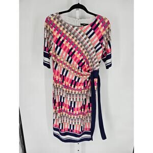 R&K Women's Multicolor 1/2 Sleeve Back Zip Up Tied Waist Midi Dress Size 12